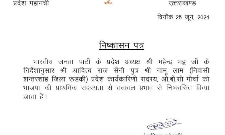 भाजपा ने ओबीसी मोर्चा के कार्यकारिणी सदस्य आदित्य राज को पार्टी से निकाला, दुष्कर्म का मुकदमा दर्ज