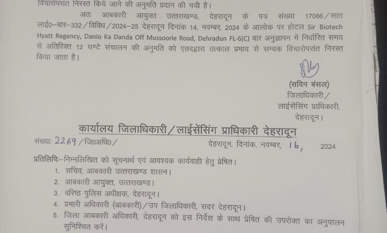 हयात रेसीडेंसी को 24 घंटे बार संचालन की अनुमति को आबकारी आयुक्त ने किया निरस्त हयात रेसीडेंसी को 24 घंटे बार संचालन की अनुमति को आबकारी आयुक्त ने किया निरस्त
