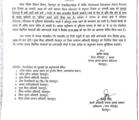देहरादून ब्रेकिंग: जिले में मंगलवार 27 जनवरी को बंद रहेंगे सभी स्कूल एवं आंगनबाड़ी केंद्र