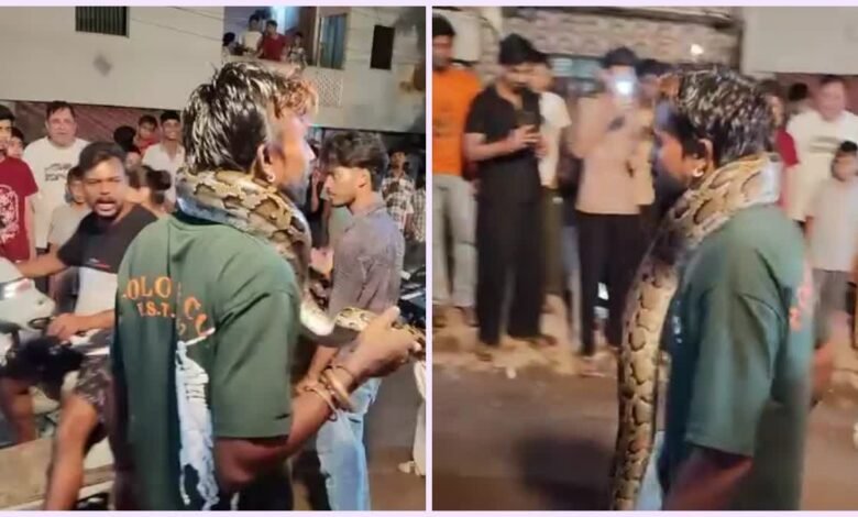 गले में अजगर डालकर सड़कों पर घूमा युवक, पोस्टमार्टम हाउस में घुसा तो मची अफरा-तफरी, जांच में जुटा वन विभाग गले में अजगर डालकर सड़कों पर घूमा युवक, पोस्टमार्टम हाउस में घुसा तो मची अफरा-तफरी, जांच में जुटा वन विभाग